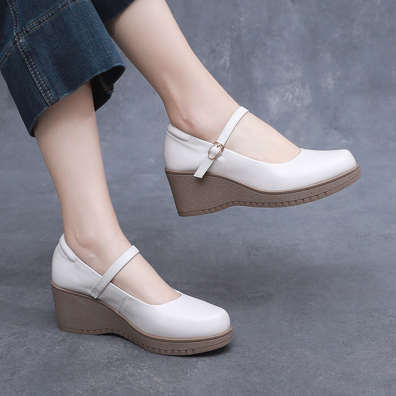 GKTINOO hot Fashion Ankle Strap Wedges Platform Genuine Leather Mary Janes Pumps For Women Casual Black Work Shoes High Heels