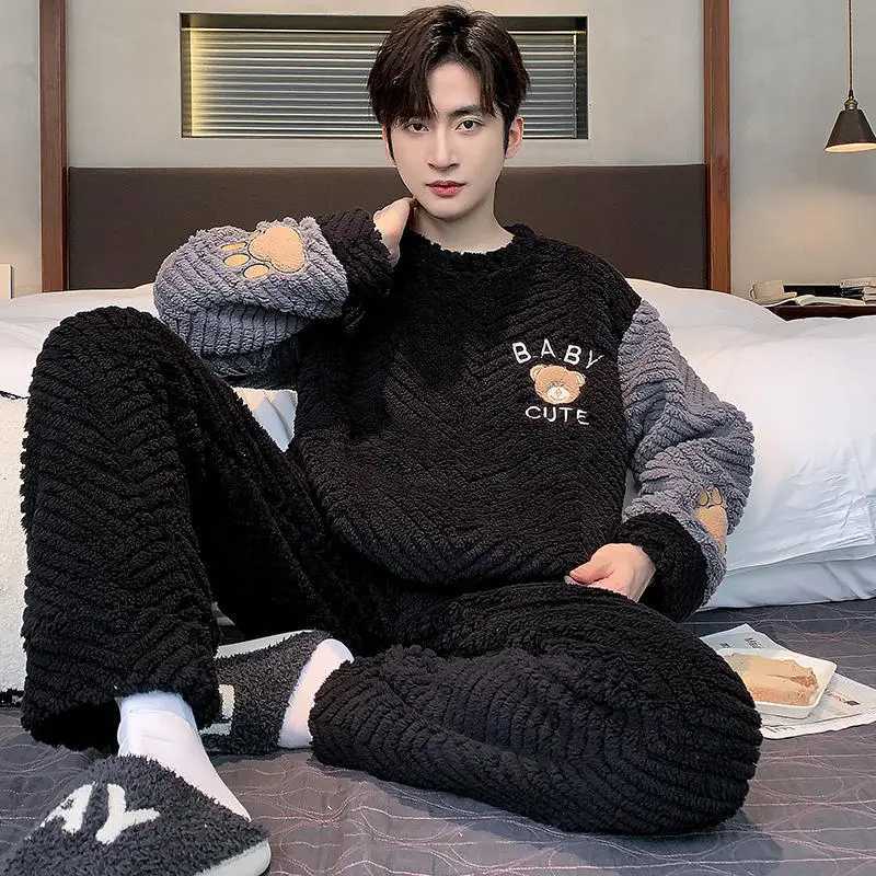 2024 Winter Men Fleece Casual Long Sleeve Pajamas Set Coral Velvet Cute Cartoon Sleepwear Plush Thicken Warm Homewear 3XL Y240913