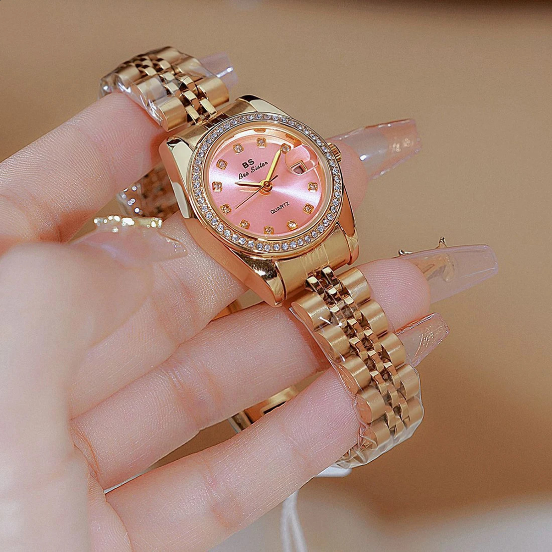 Original womens watch pink dial gold date quartz vintage elegance stainless steel gift 240912