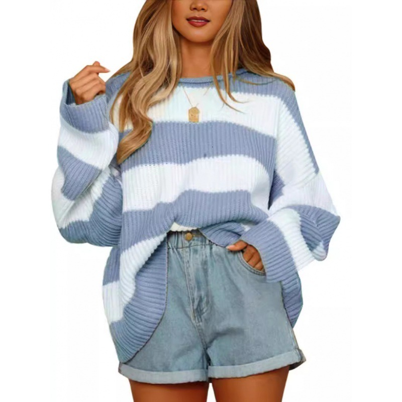 2024 autumn and winter round neck long sleeved color blocked striped knitted for women's trumpet sleeve sweater