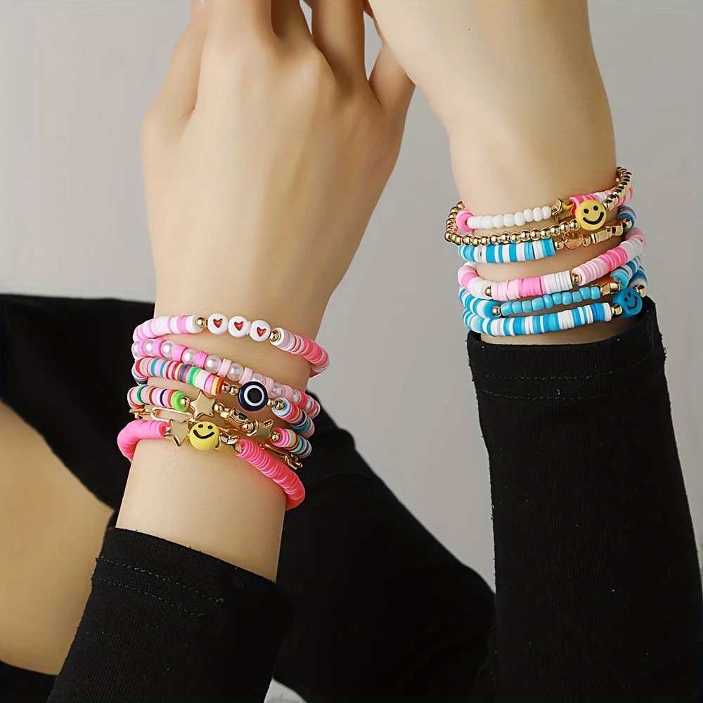 Vedawas 9 pieces/set Bohemian handmade bead polymer clay bracelet set cute party smiley face love pentagonal womens accessories W240913