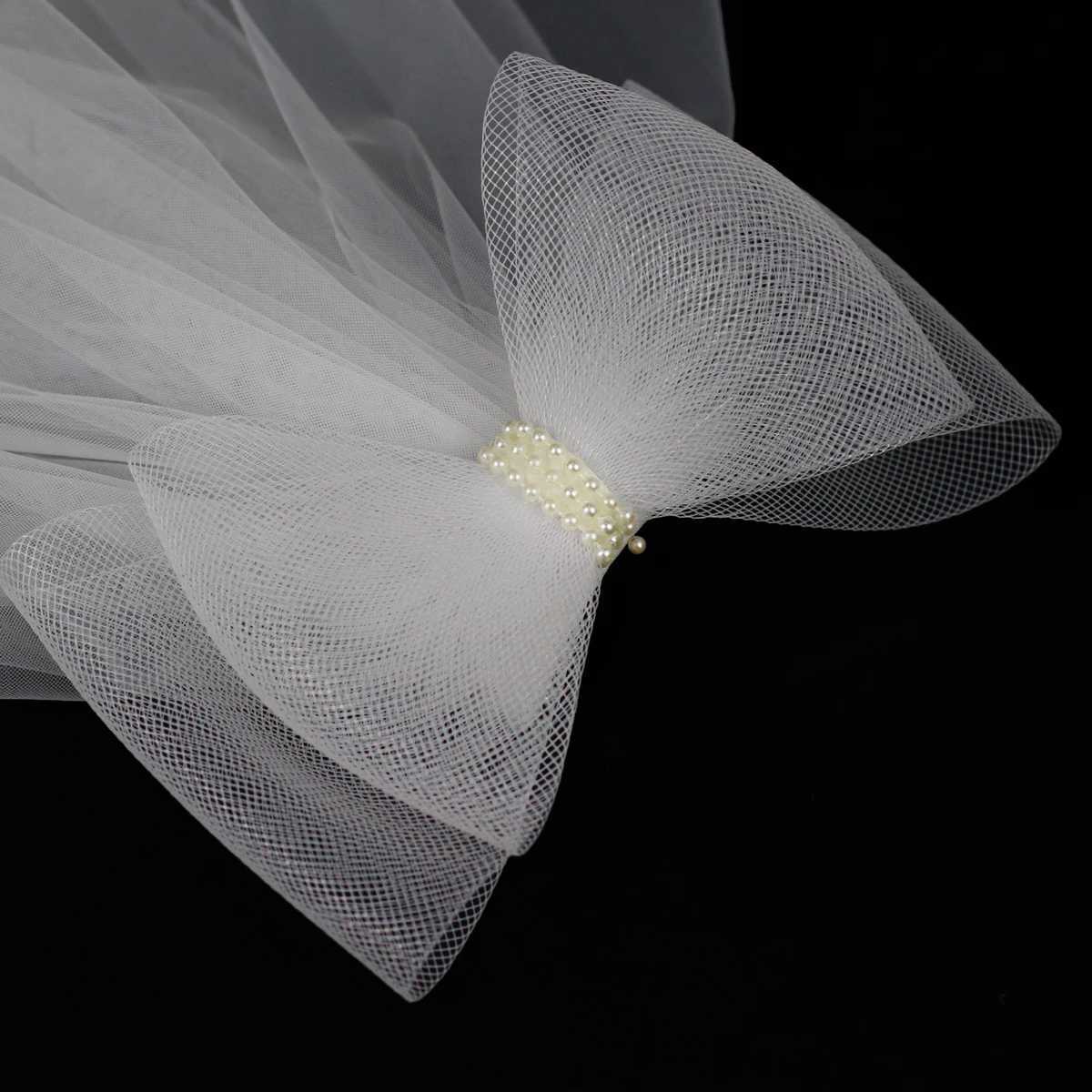 V302 White Bridal Veil Elastic Mesh Pearls Bows Multi-Layer Semi-Transparent Tulle Shoulder Length Brides Veil with Hair CombX240913