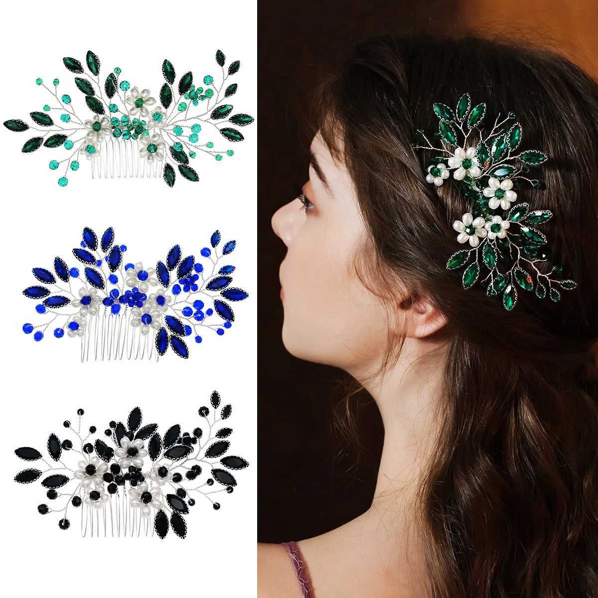 Rhinestone Hair Combs for Bride Wedding Black/Blue/Green Color Crystal Hairpins Flower Pearl Headpiece Handmade Hair JewelryX240913