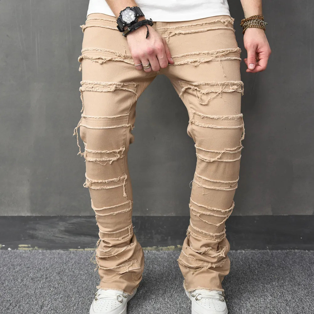 Stylish Men Vintage HipHop Stacked Spliced Distressed Slim Straight Jeans Pants Streetwear Male Ripped Biker Denim Trousers 240912