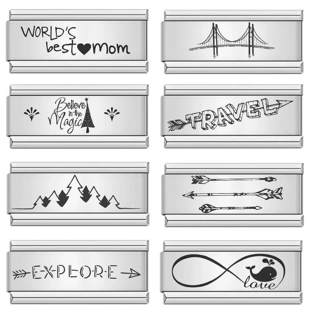 Long Titanium Steel Laser Engraved Pattern Module DIY Fashion Bracelet Italian Charms Charm Links Stainless Steel Fit 9Mm Bracelet Jewelry Making Gift