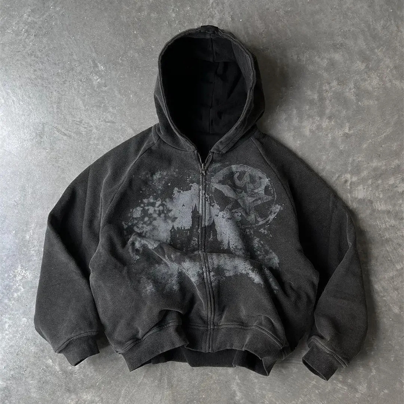 2024 US Y2K Retro Fashion Printed Oversized Zipper Hoodie Harajuku Hip Hop Gothic Sports Hoodie Street Clothing 240912