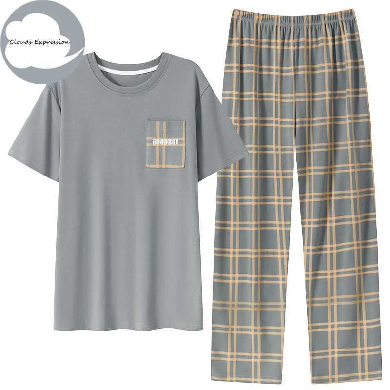 Summer Knitted Plaid Cool Mens Pyjamas Pajama Sets Casual Pjs Lounge Masculine Sleepwear Nightwear Pijamas 3XL Homewear Fashion Y240913