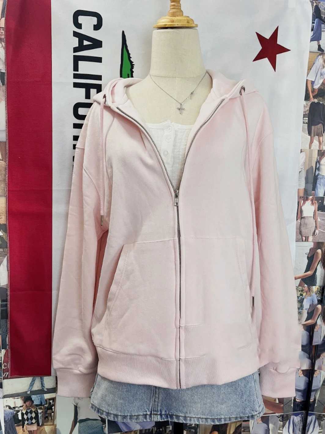 Sweet Pink Oversized Hoodie Autumn Long Sleeve Hooded Zip-up Cotton Sweatshirt Casual Preppy Style Cute Hoodies Top for Woman M240912