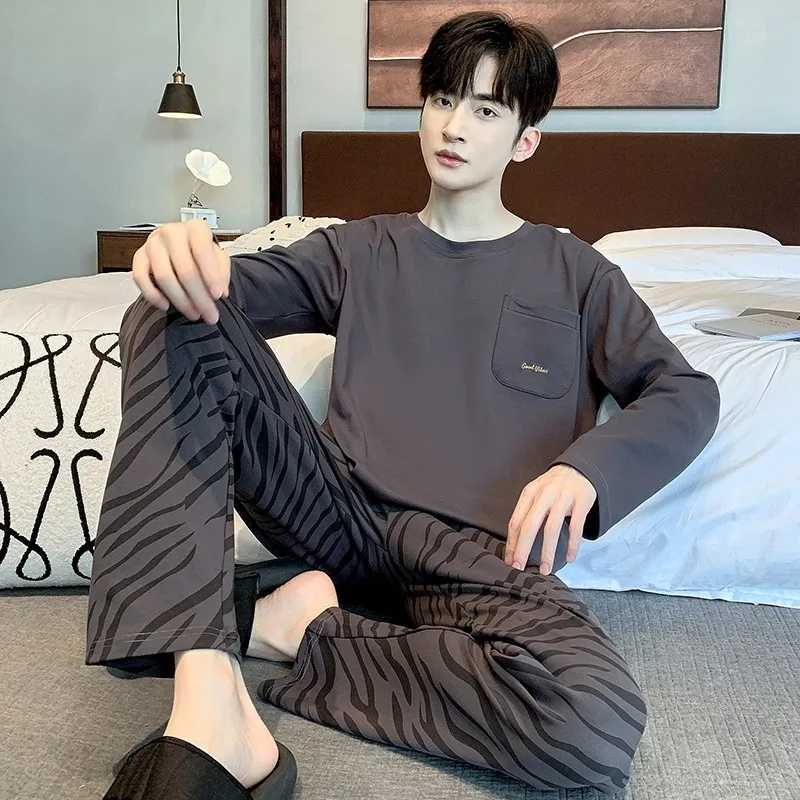 2024 100% Cotton Sleepwear for Men Long Sleeves Sleeping Top Pant Nightwear Young Boy Male Nightwear Striped Home Clothes Y240913