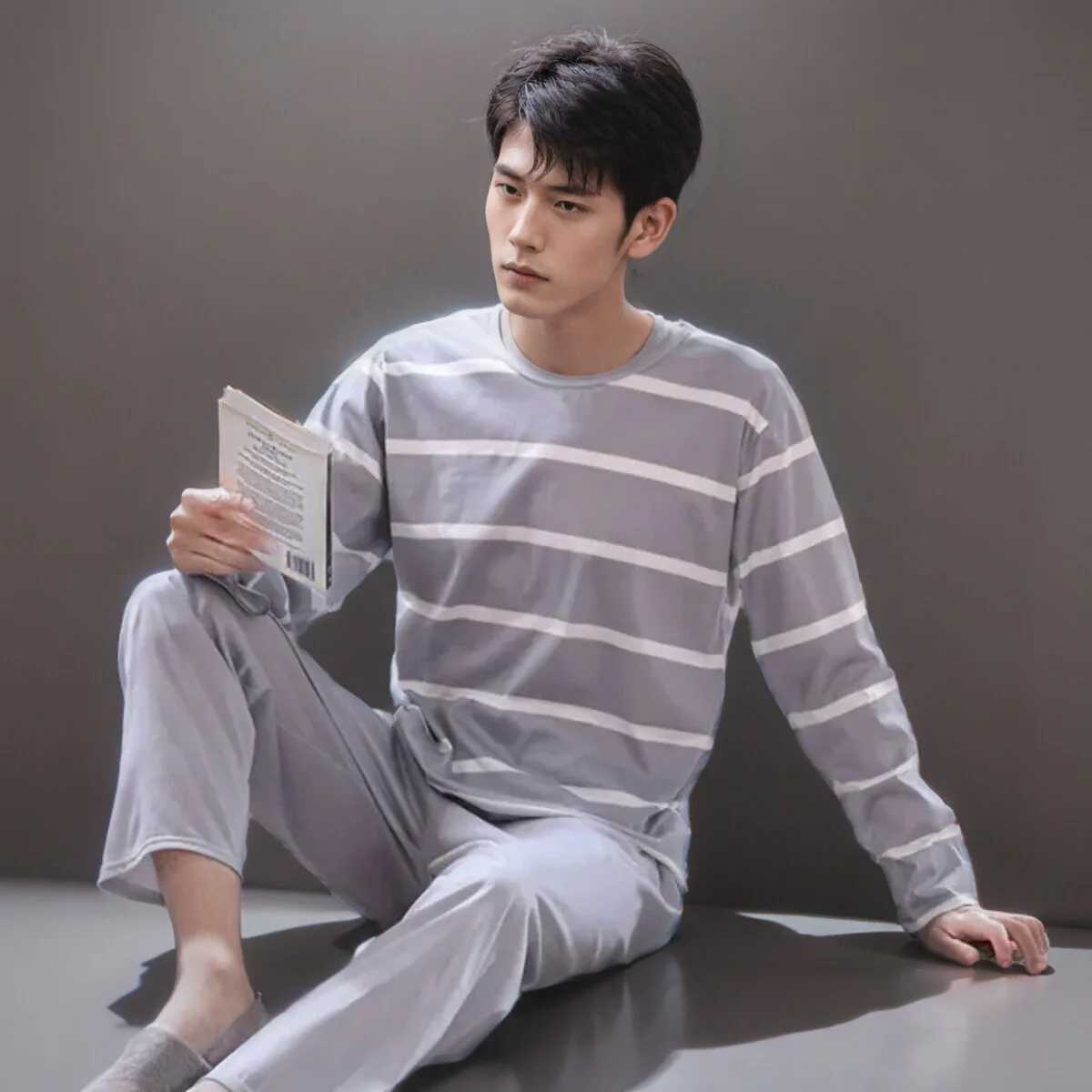 Mens Round Neck Homewear Long Sleeved Pants Set Can Be Worn Externally Leisure Stripe Style Spring And Autumn Pajama Set Y240913