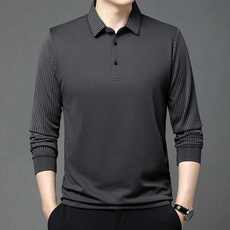 Mens casual solid color long sleeved polo shirt fashionable solid color lapel top W240913