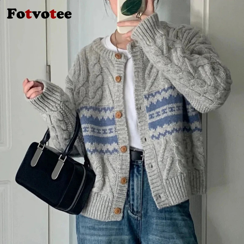 FOTVOTEE Sweater for Women Single Breasted ONeck Knitted Coat Autumn Stretch Fashion Long Sleeve Female Cardigans 240904