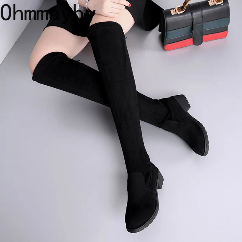 Winter Autumn Women Stretch Over The Knee High Boots Fashion Slip On Long Booties Low Heel Casual Shoes atos Mujer d050