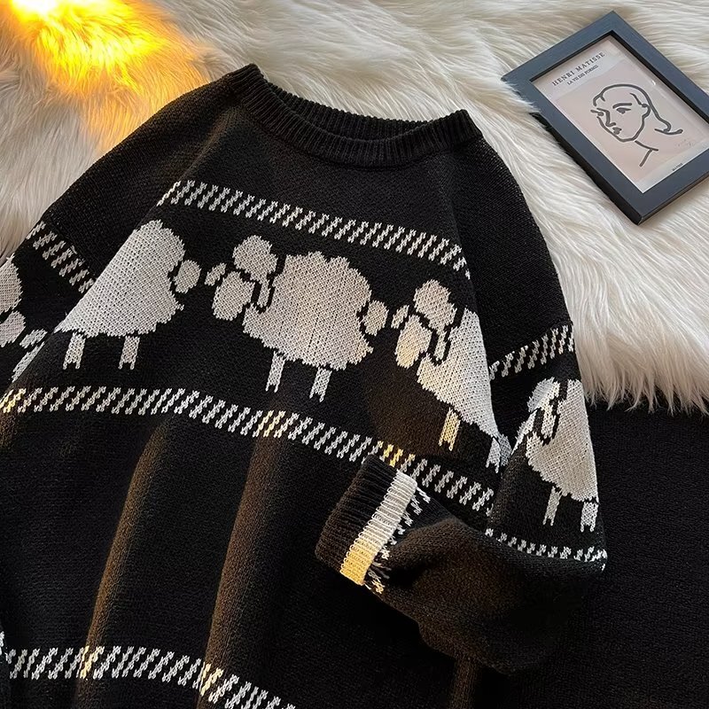 Men Sweaters Autumn and winter new student lazy style retro jacquard sweater Korean version couple knitted sweater jacket trendy Mens crew neck sweate