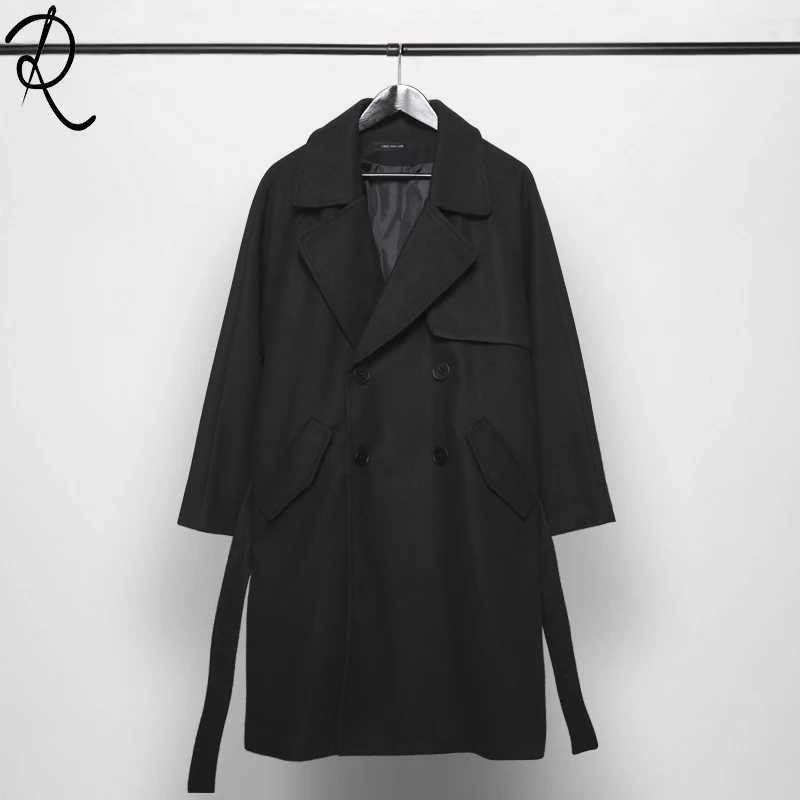 New Style winter fashion mens cloaks and robes individuality belt black wool coat mens coat medium-length Y240913