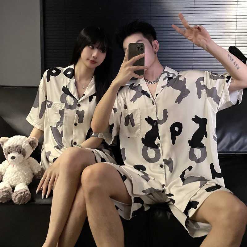 Women Ice Silk Pajamas Set Cartoon Bear Sleepwear Loungewear Button-Down Pajama Men Pijama Homewear Shorts Set for Couples Y240913
