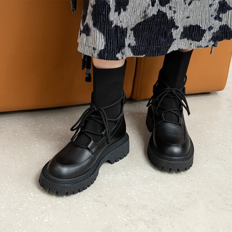 Genuine Fashin Leather Platform Fall Shoes 2021 Winter Round Toe Low Thick Heel Women Boots dc26