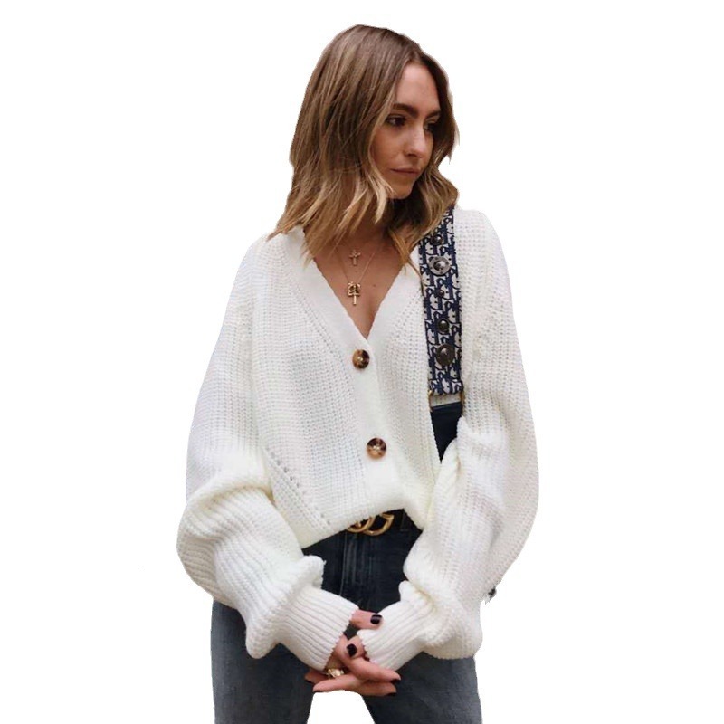 Wind autumn winter temperament new women's cardigan solid color V-neck lantern sleeve button knit sweater
