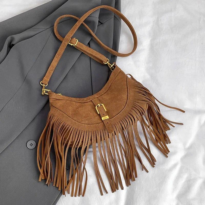 Totes Women Bag Casual Tassel Shoulder Veet Leather Vintage Crossbody Bags Ladys Retro Handbag Bohemian Style Hobos bcc6