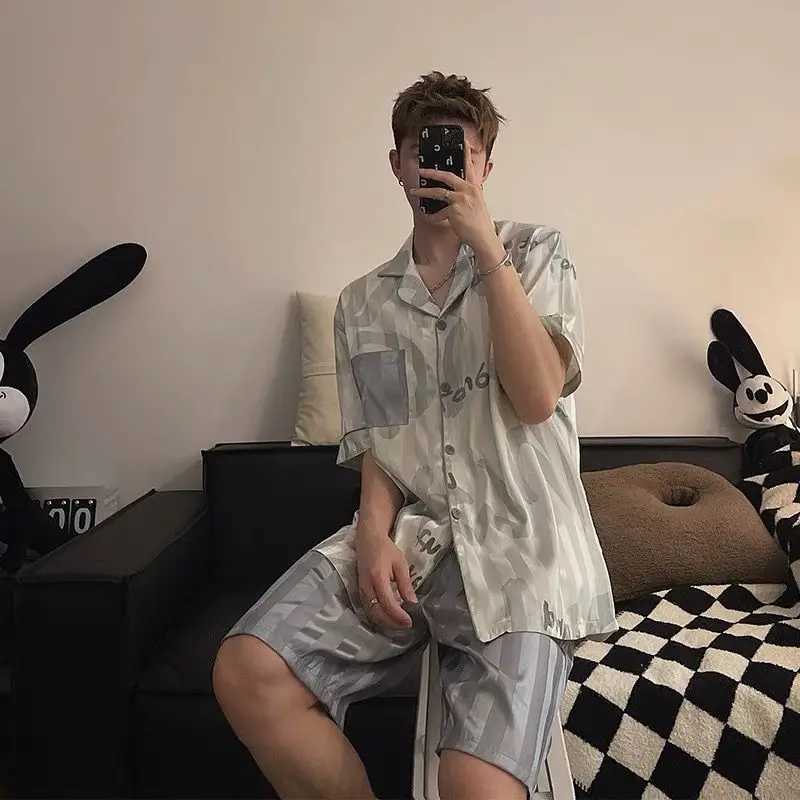 Pijamas Men Ice Silk Sleepwear Short Sleeve Tops Cardigan Shorts Two-piece Sets Summer Loungewear Casual Pajamas Sets New Y240913