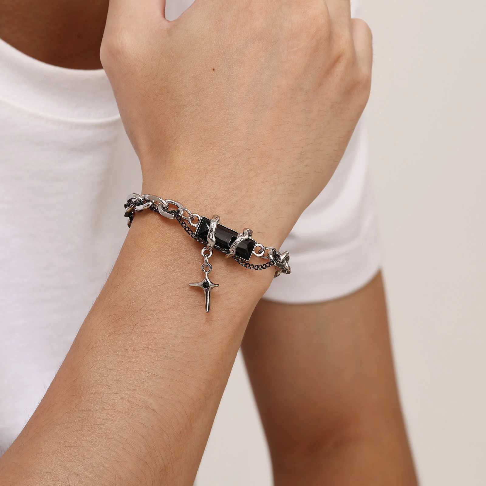 Retro Black Zircon Star Bracelet for Men BoysTrend Stainless Steel Stacked Chain WristbandAdjustable Hiphop Jewelry GiftsX240913