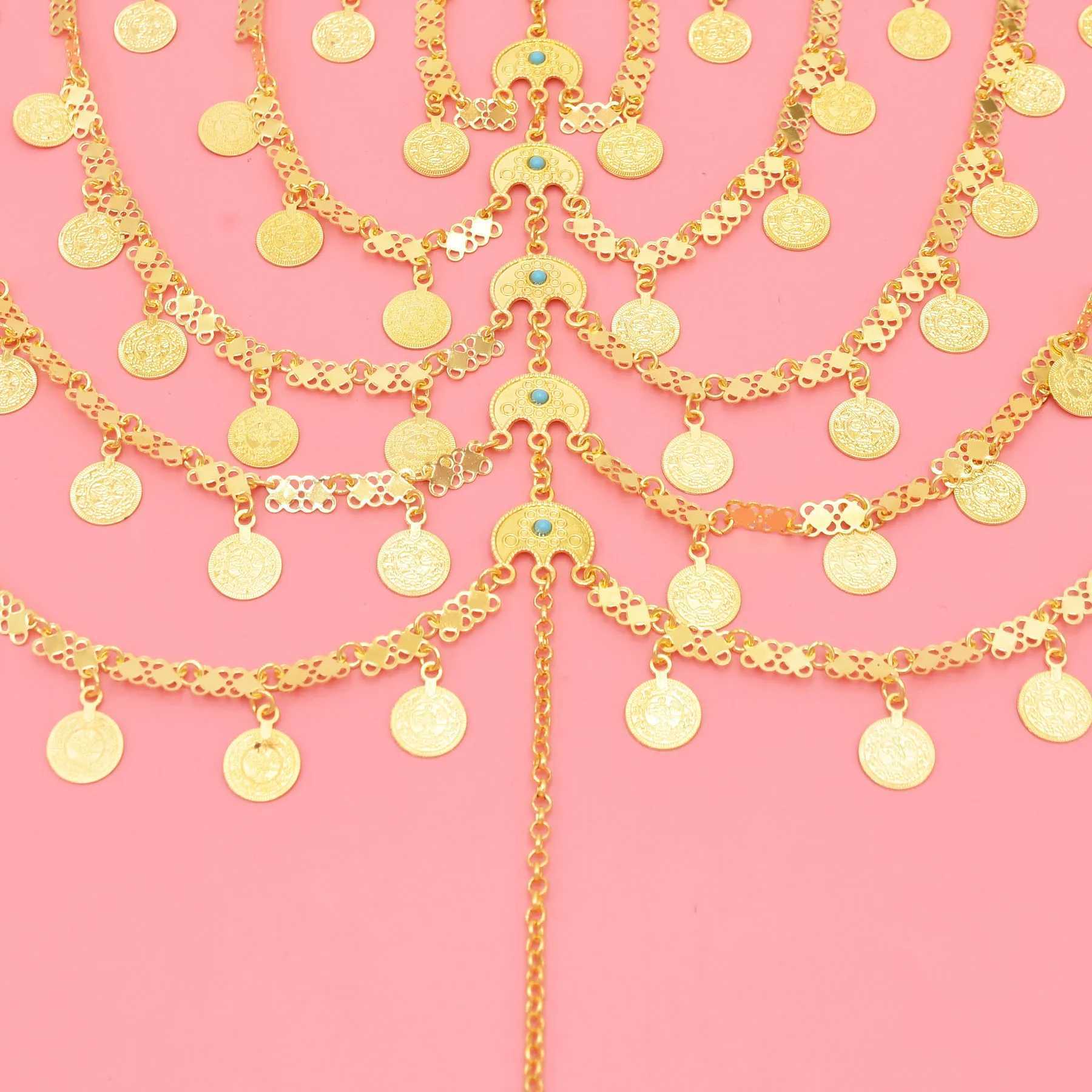 Golden Coin Sequin Moon Long Chains Tassel Hair Accessories for Women Luxury Dubai Arab Ethnic Bridal Wedding Headwear JewelryX240913