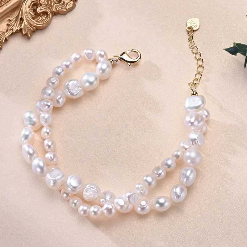 Natural freshwater pearl double-layer bead Baroque shaped bracelet S925 pure silver chain exquisite womens jewelry gift W240913