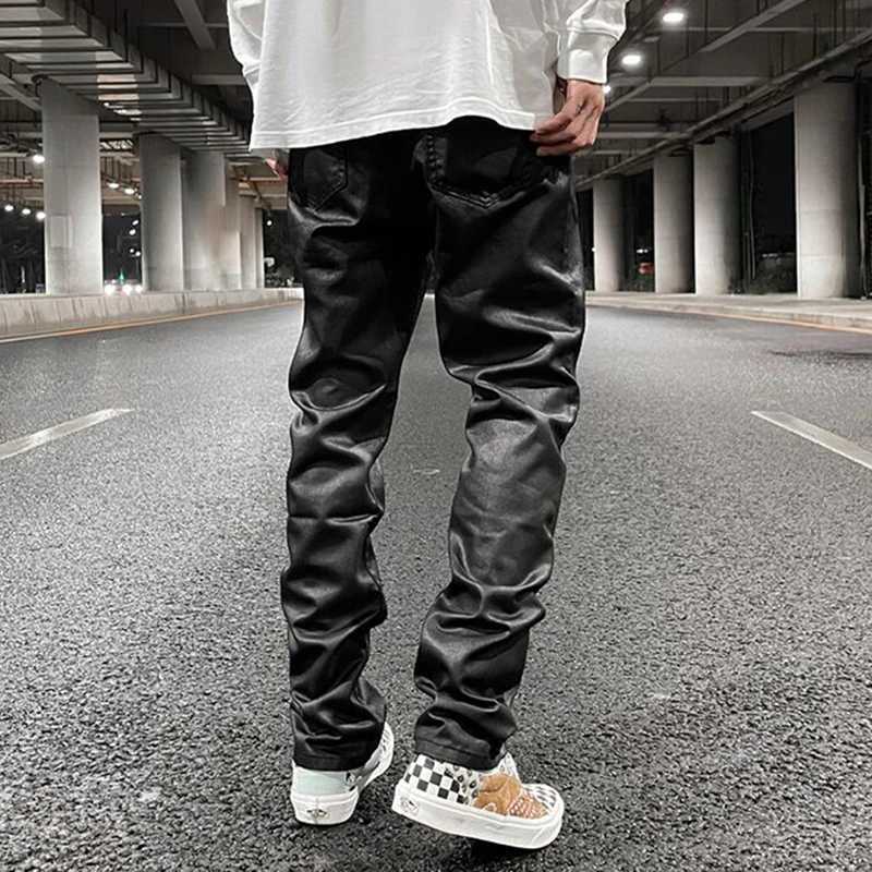 Harajuku Black Jeans Mens Vibe Waxed Casual Trousers Straight Pockets Oversized Pencil Pants Loose Hip Hop Mens Pants M240912