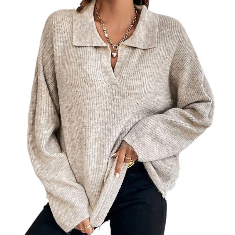 Autumn and winter fashion long sleeved lapel pullover top new women's knitted sweater