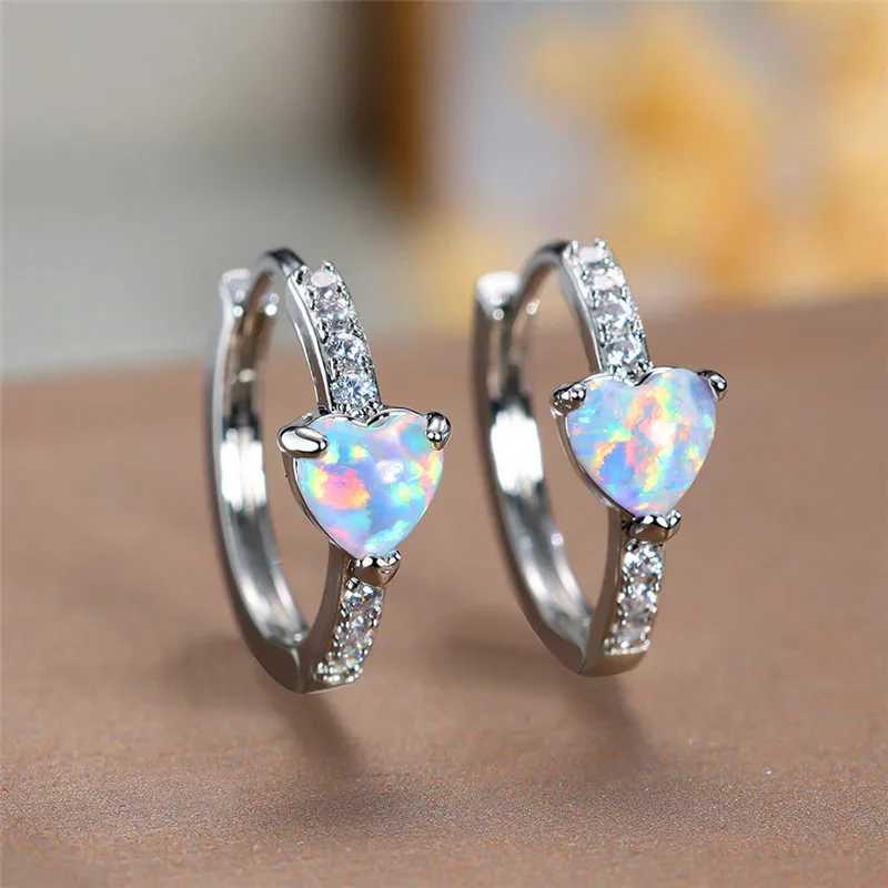 Boho Female White Fire Opal Heart Clip Earrings Vintage Wedding Jewelry For WomenX240913