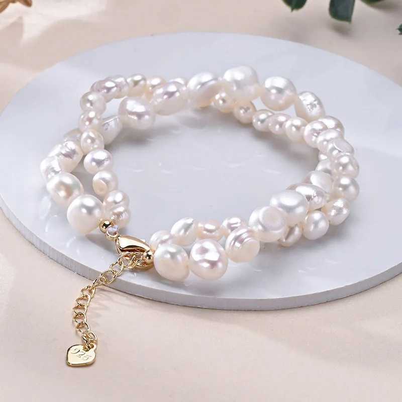 Natural freshwater pearl double-layer bead Baroque shaped bracelet S925 pure silver chain exquisite womens jewelry gift W240913