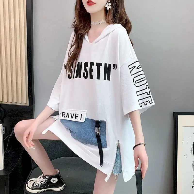 Design Sense Split Short-sleeved T-shirt Women Korean Large Size Five-point Sleeves Hoodie Loose Mid-length Hooded Tops Summer M240912