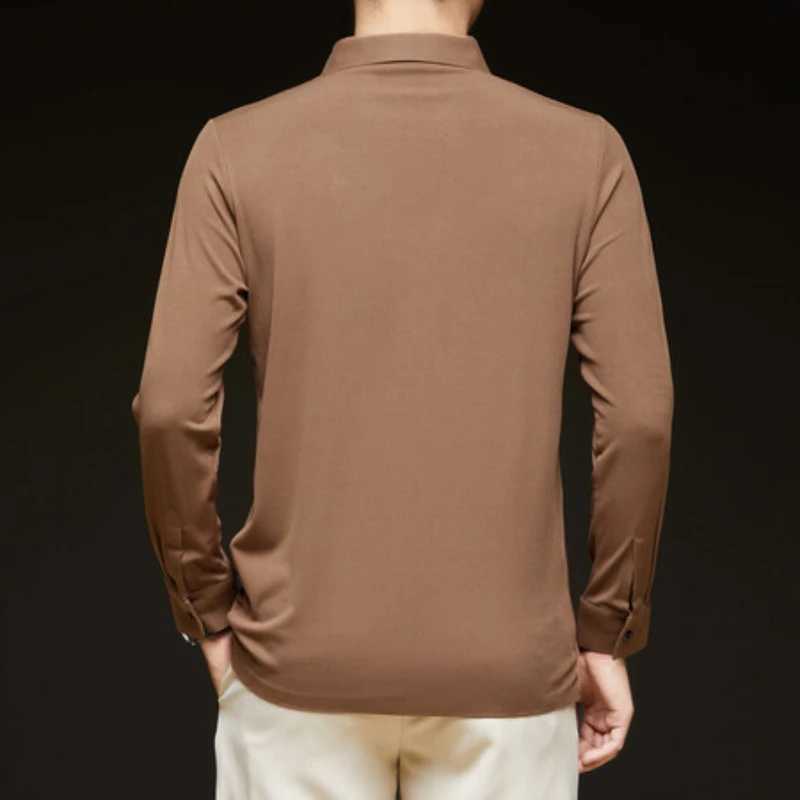 Mens Business Casual Solid Color Long-sleeve Polo Shirt for Autumn and Winter Stretchable. Daily Commute Long V-neck T-shirt.X240912