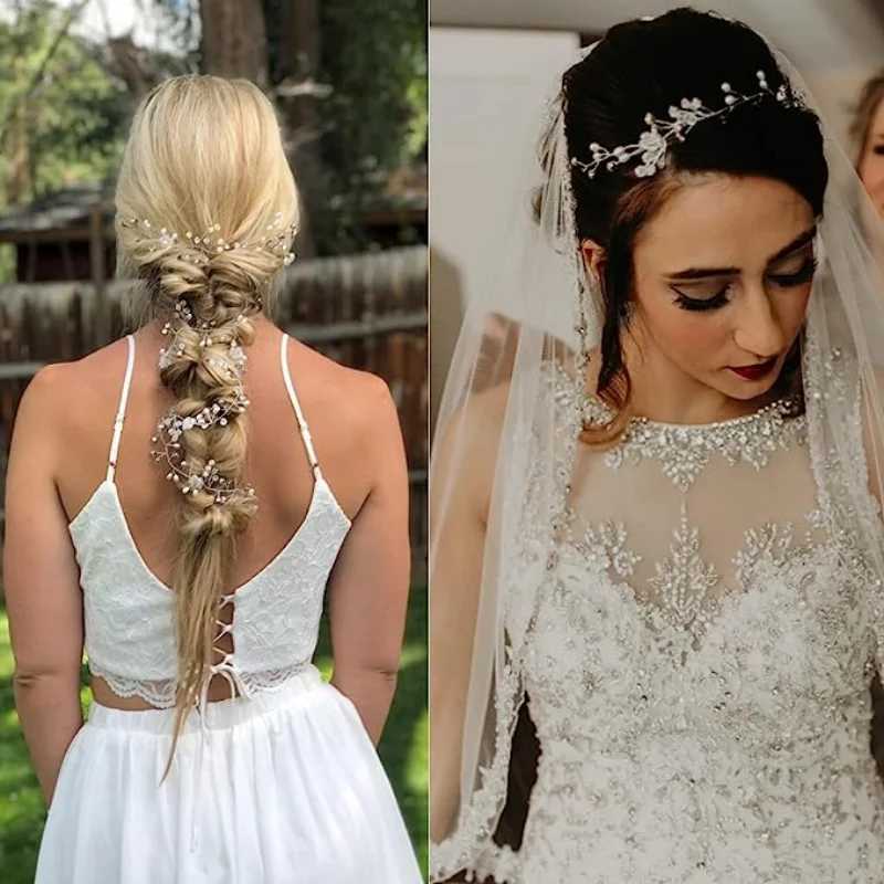 Crystal Pearl Bridal Tiaras Hairbands Hairpins Bridesmaid Diamante Hair Vine Accessories Wedding Jewelry 35cm Headwear FrenchX240913