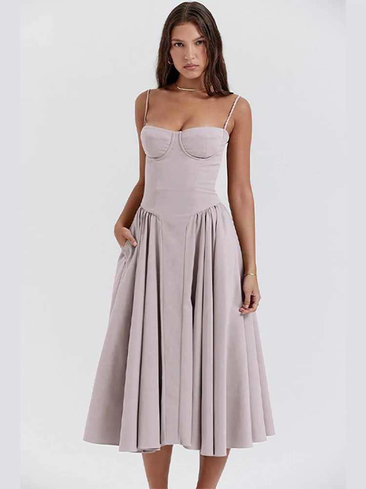 Sexy solid pleated hem camisole dress for womens fashion Midi sleeveless backless dress for womens 2024 summer party evening A-line robe W240913