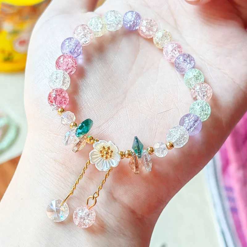 Korean New Sweet Chrysanthemum Bracelet Womens Colored Crystal Bead Elastic Rope Bracelet Girls Party Wedding Jewelry Gift W240913