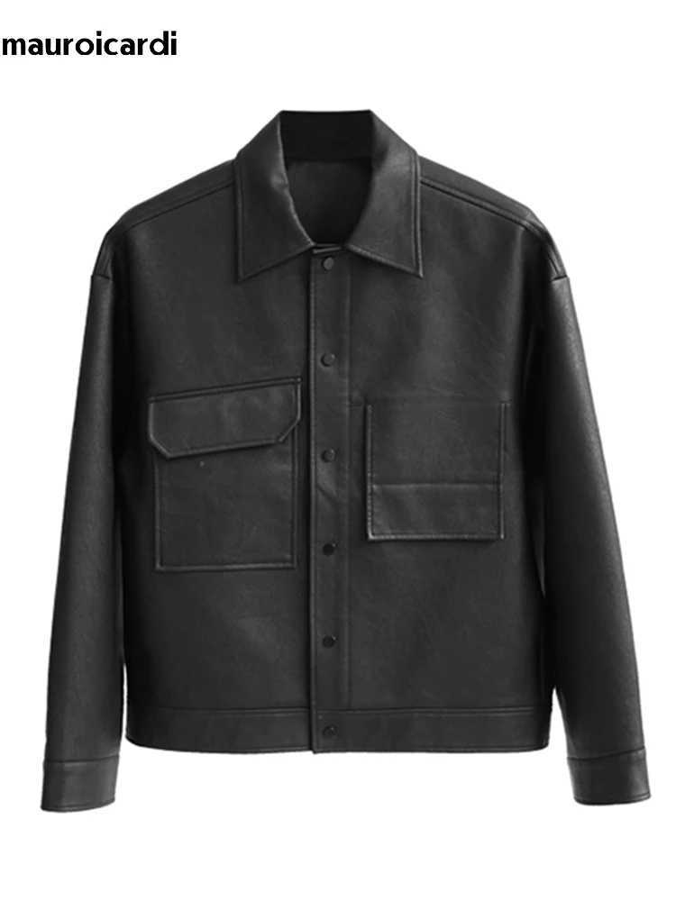 Mauroicardi Spring Autumn Cool Short Matte Black Pu Leather Jacket Men Turn-down Collar Pockets Loose Casual Korean Clothes 2024X240913