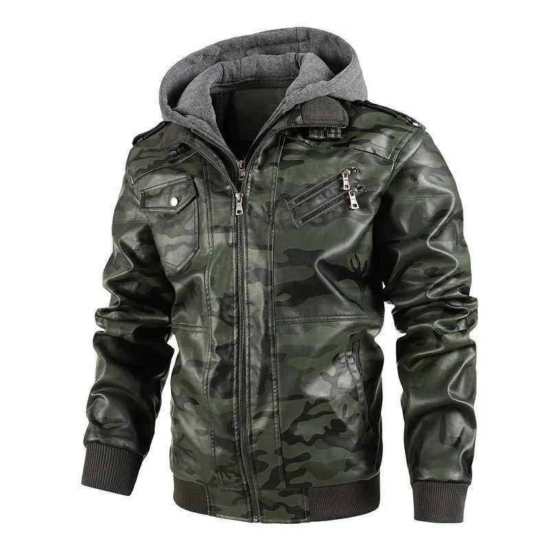 Men Hooded Leather Jackets Camouflage Casual Leather Coats New Male Street Wear Motorcycle Leather Jackets Hat Detachable 4XLX240913
