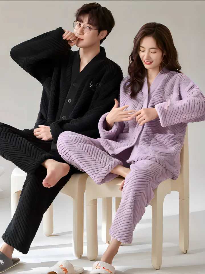 Couple Look Pijama Room Wear Winter Warm Sleepwear Big Size Pajamas Man Woman Set Korean Style Two Piece Nighty Dress Romantic Y240913