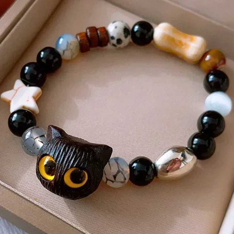 Cute natural stone black cat bracelet for mens fashion cartoon animal bead bracelet handmade fashion girl jewelry gift W240913