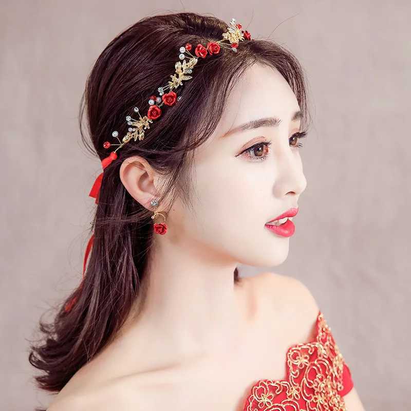Elegant Girls Bridal Headband Red Cloth Flower Pearl Hair Headdress Flower Wreath Bride Garland Head Hoop Wedding HeadbandsX240913