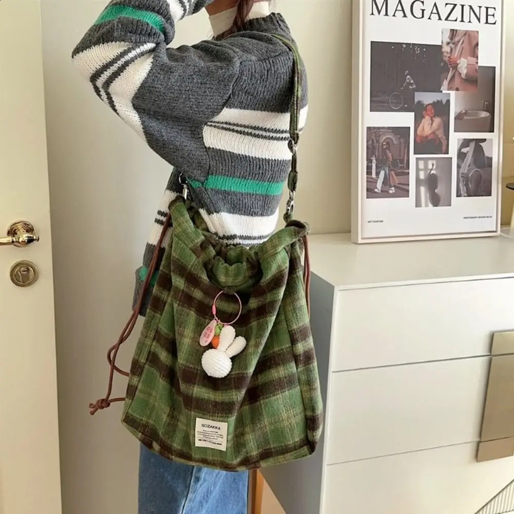 Korean style checkered drawstring bag large capacity Harajuku flat drawstring backpack aesthetic hiking Y2k backpack 240912