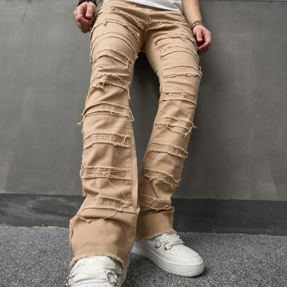 Stylish Men Vintage HipHop Stacked Spliced Distressed Slim Straight Jeans Pants Streetwear Male Ripped Biker Denim Trousers 240912