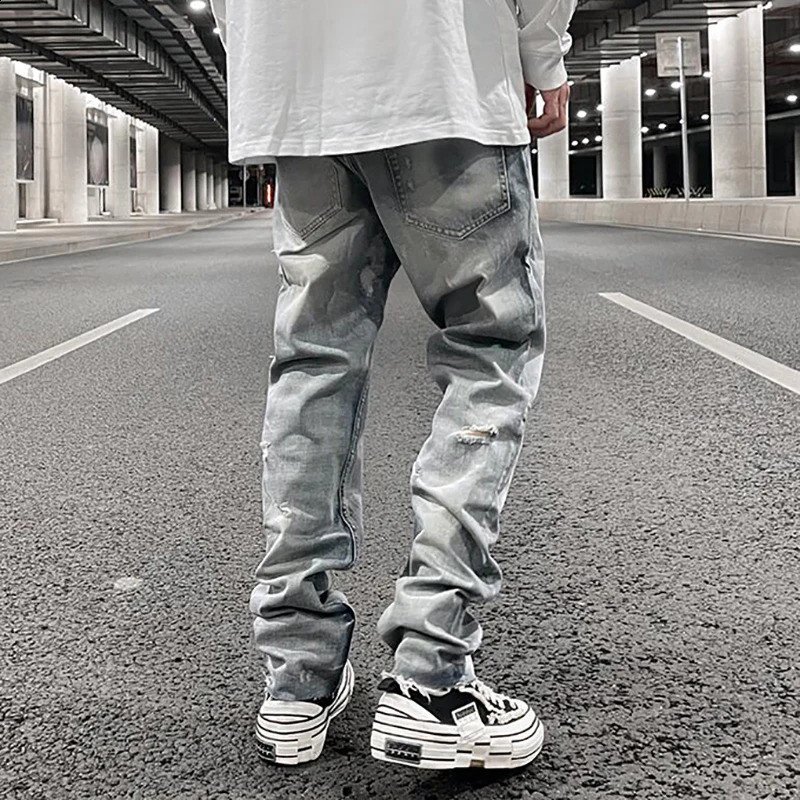 Original Tie-dyed Ripped Flared Denim Jean for Men Streetwear Washed Hole Casual Stacked Jeans Pants Mens Slim Fit Jeans 240830