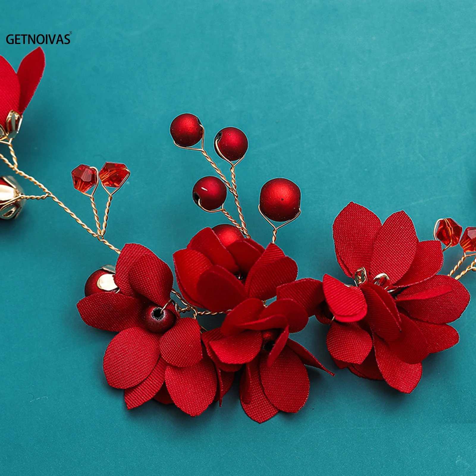 Elegant Girls Bridal Headband Red Cloth Flower Pearl Hair Headdress Flower Wreath Bride Garland Head Hoop Wedding HeadbandsX240913