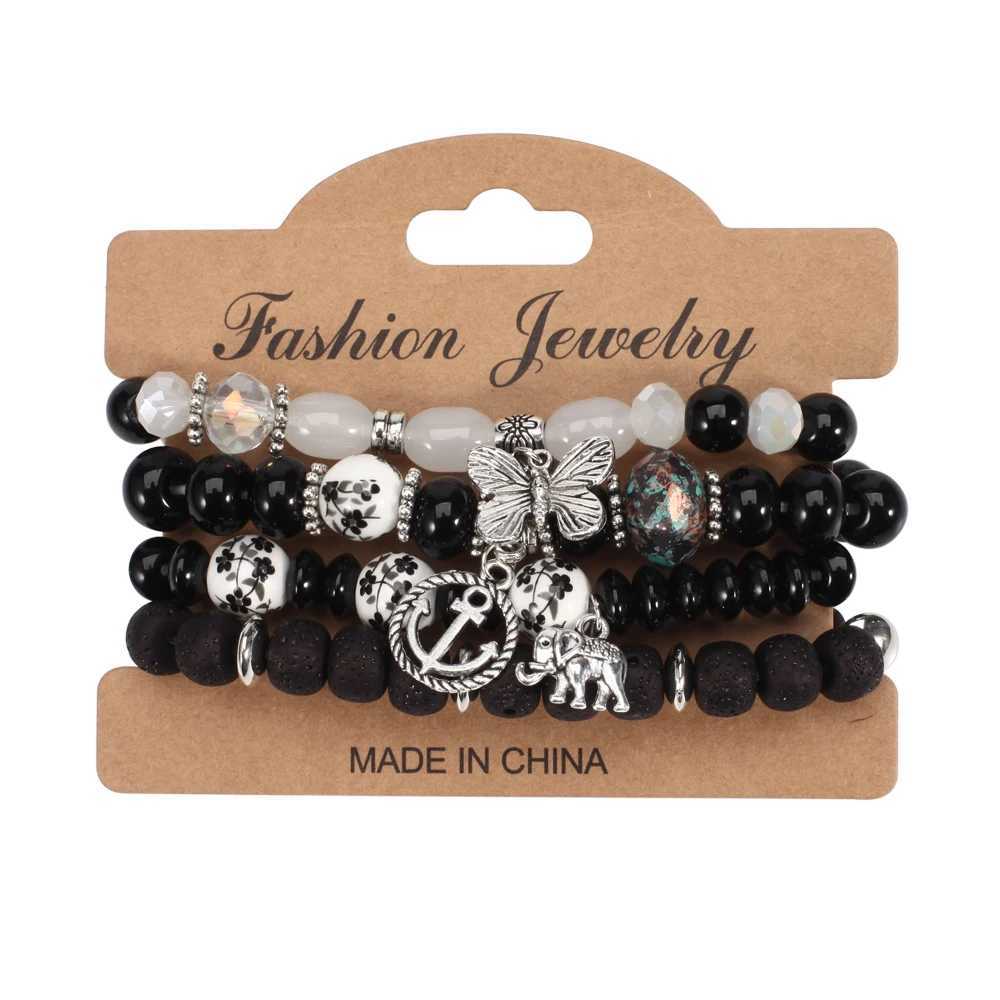 Bohemian Bracelet Set Womens Stackable Butterfly Elephant Anchor Pendant Bead Bracelet W240913