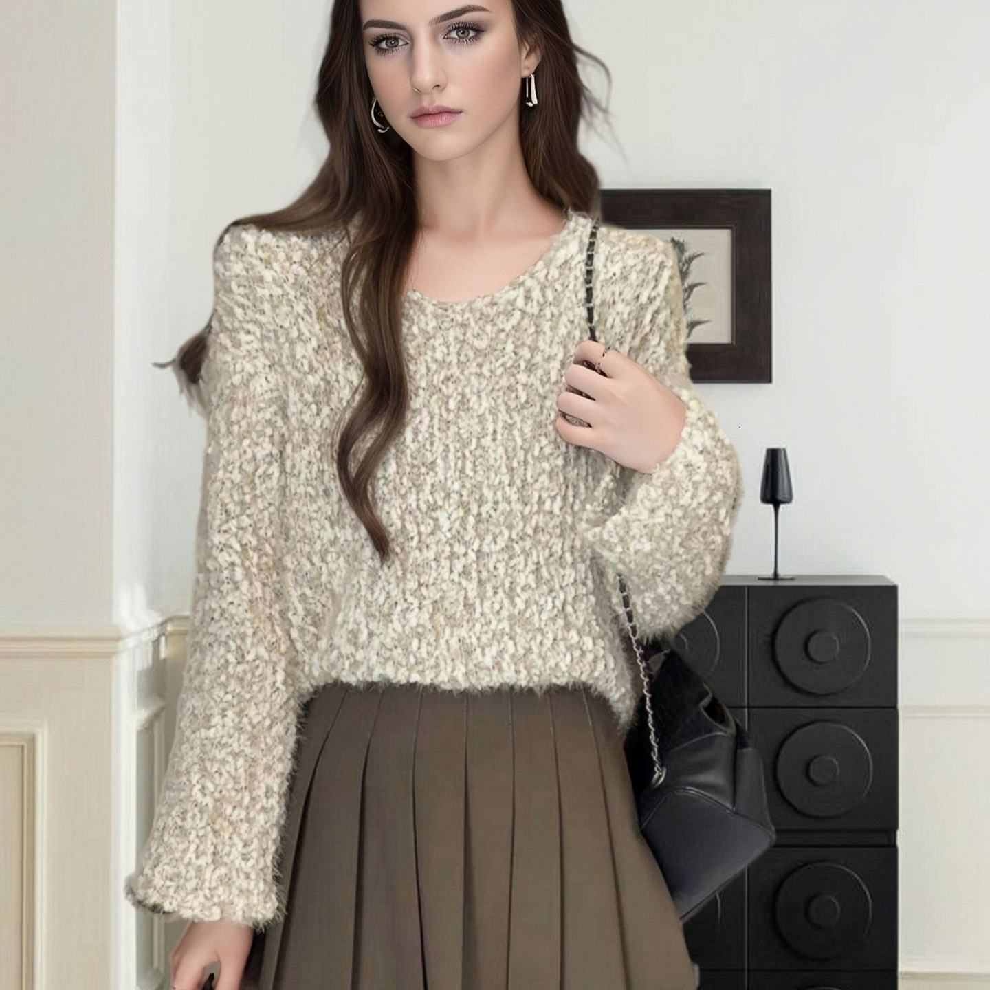 2024 plus size medium to long mohair sweater for women in autumn winter, covering the buttocks, with knitted base and a lazy style