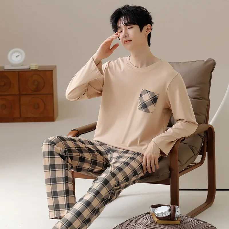 2024 Cotton Homewear for Man Autumn Long Sleepwear Big Size L-3XL Nightwear Korean Fashion Pullover Pajamas Set Young Boy Male Y240913