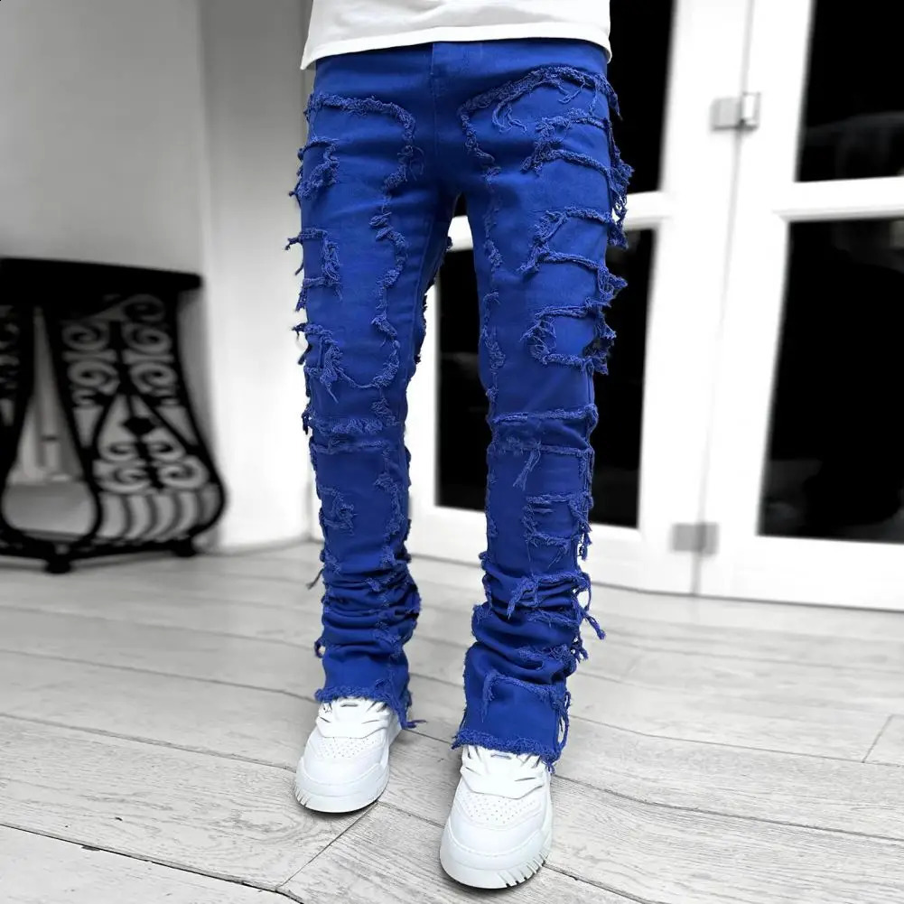 Mens Stacked Jeans Fit Ripped Jeans Destroyed Straight Denims Pants Vintage Hip Hop Trouser Streetwear 240912
