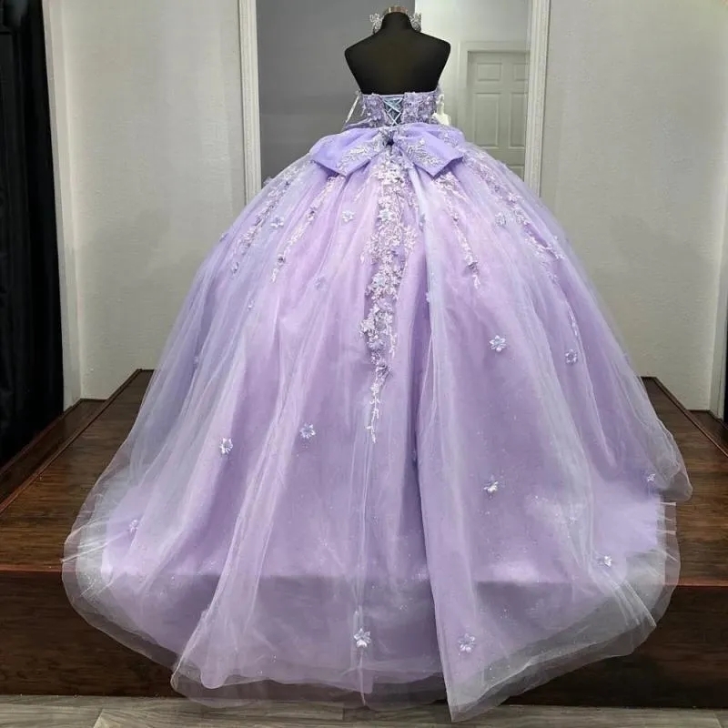 Lilac Quinceanera Dresses 2025 Sweet 16 Dress Off The Shoulder Flowers Appliques Lace Beading Bow Tull Vestidos 15 De Party Birthday Ball Gown